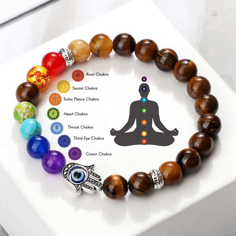 7 Chakras Men Natural Tiger Eye Stone Lava Onyx Agates Beads Turkish Evil Eye Hand Of Fatima Jewelry Bangles C251105