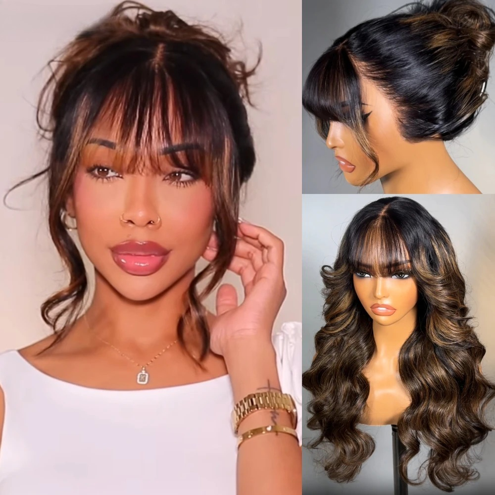 Highlight Ombre Blonde Long Body Wave Human Hair Wigs With Bang 13x6 HD Lace Frontal Wig Glueless Preplucked For Wemon Brazilian Hair Ready To Wear On Sale