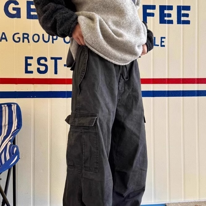 American Style Multi-Pocket Washed Loose Cargo Pants for Men and Women Spring and Autumn Street Style Vintage Drawstring Wide-Leg Pants Trendy 240821