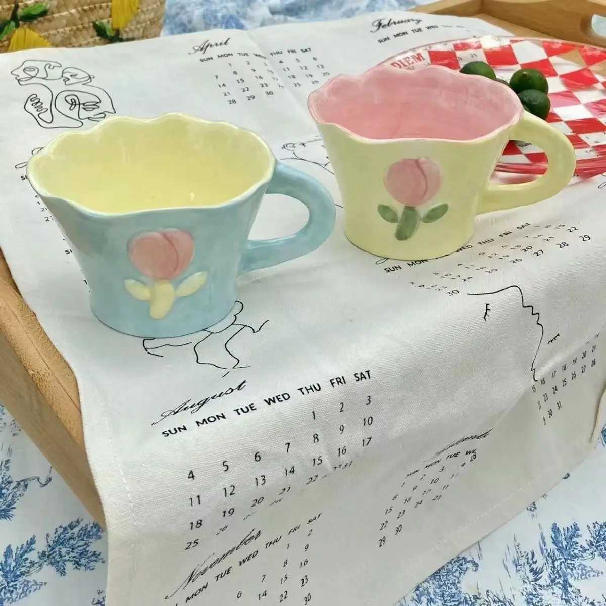 Creative Tulip Ceramic Coffee Cups Set Embossed Mug with Handle Vintage Home Milk Dining Dish Breakfast Tea Drinking C251127