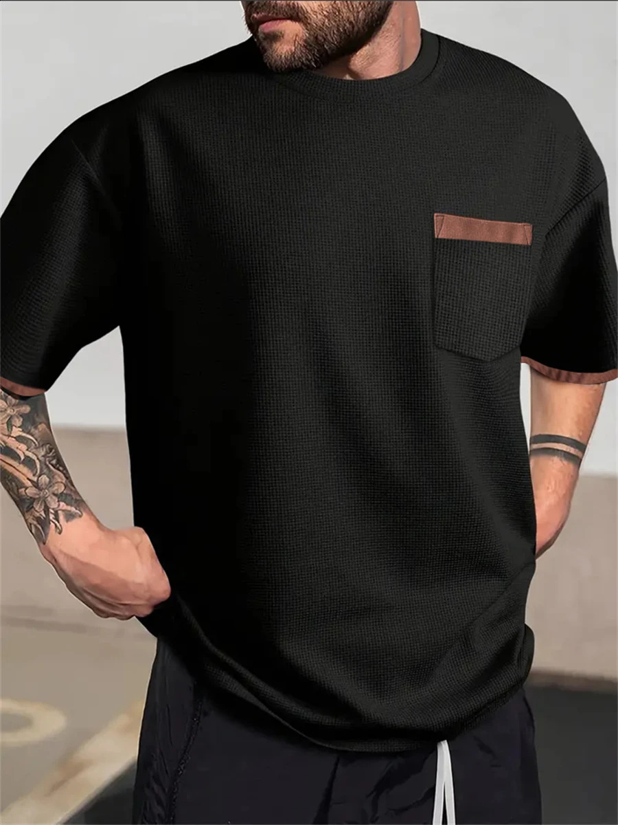 Casual and Simple Style Mens Top Patch Work Bag Fully Matching Texture Handsome Mens Loose Shoulder T-shirt S-2XL 250427