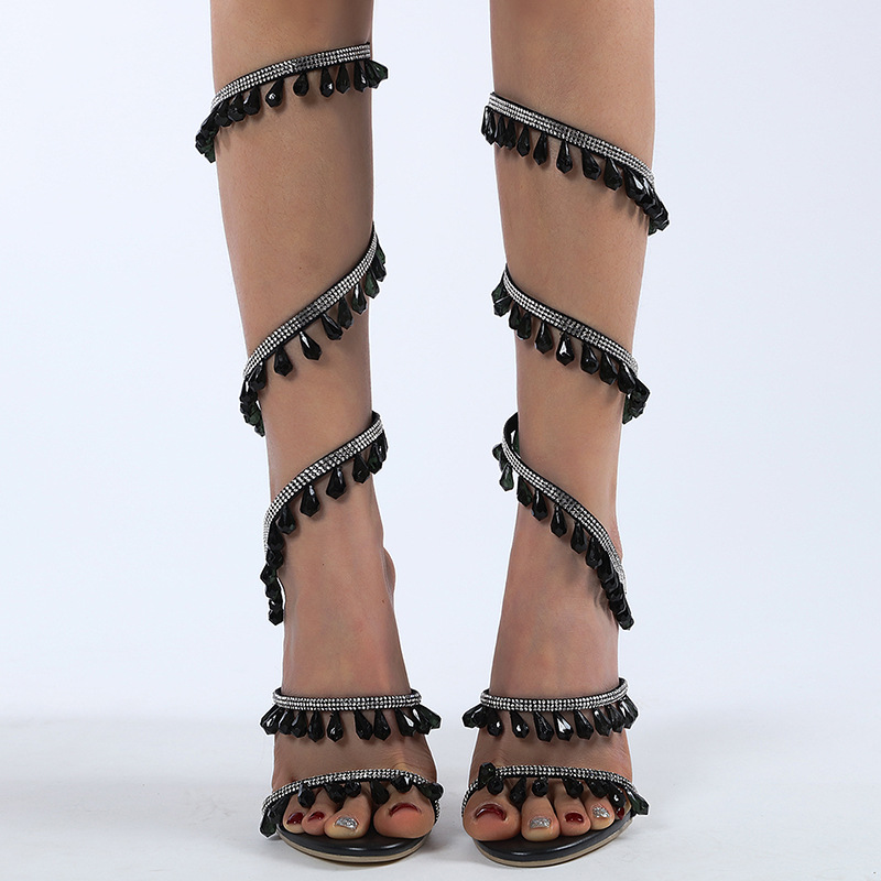 Fashion Crystal Pendant Tassels Women Sandals Sexy Snake Coiled Stiletto High heels Gladiator sandals Summer Wedding Party Shoes 240511