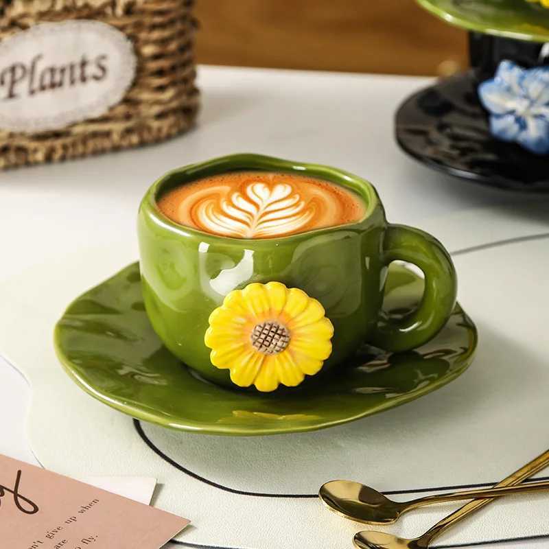 Creative Hand-held Embossed Flower Coffee Cup Home Ceramic Cup and Saucer Set Living Room Coffee Table Decoration Accessories C251127