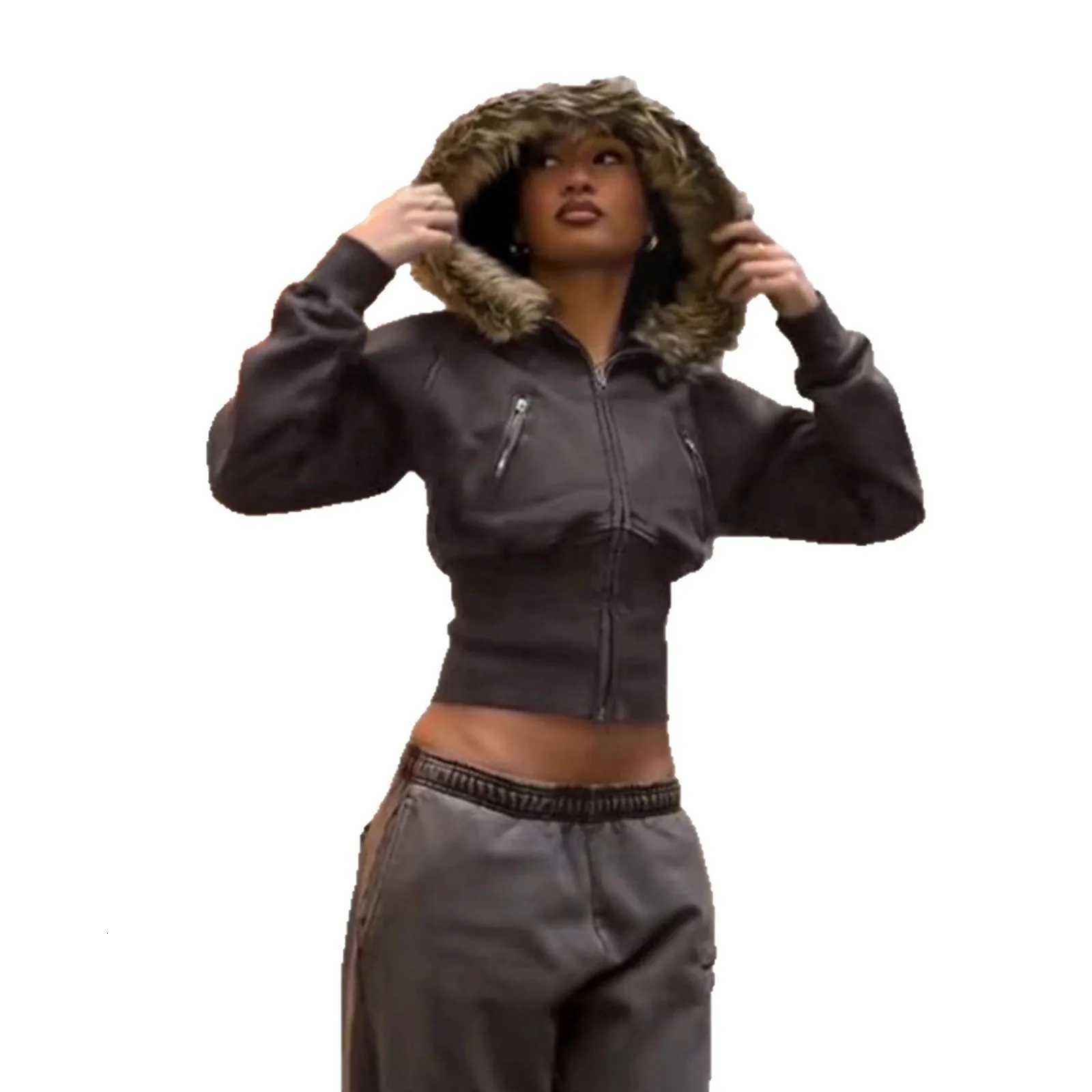 Autumn Winter Vintage Brown Short Hooded Jacket Womens Full Sleeve Slim Detachable Fur Collar Warm 2025 NEW Female Y2k OutwearsXJ251127