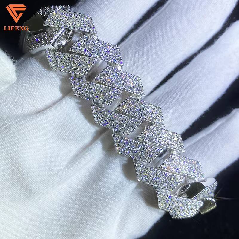 Lifeng Jewelry 20mm 4rows VVS Moissanite Cuban Link Chain Bracelet Sterling SIlver Diamond Hiphop Moissanite Cuban Chain for Men