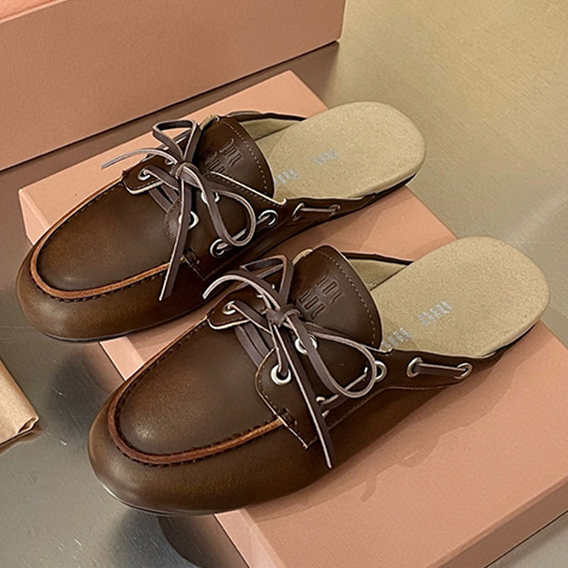 Designer Brown Unlined bleached leather Mule Faded suede mules 5D455 Ladies Laced upper boat shoes Bean slippers loafers