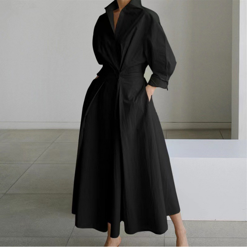 X11122Popular plus size commuter fashion POLO collar lining nine-point sleeve loose swing dress