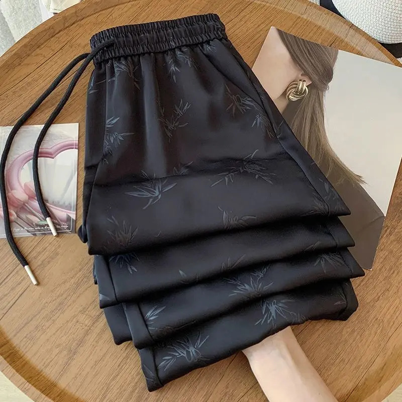 Womens Jacquard Loose Casual Pants Summer Thin Retro Solid Color Elastic Waist Wide Leg Pants 250427