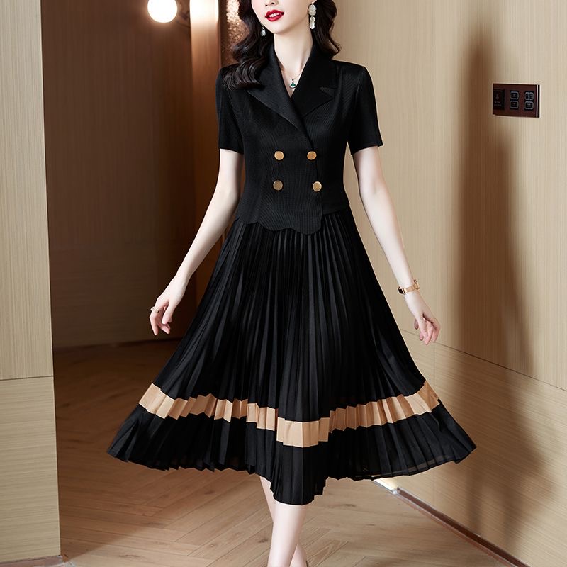 High-grade suit collar dress for women 2025 summer new Korean style slim temperament fashion splicing skirt D02306