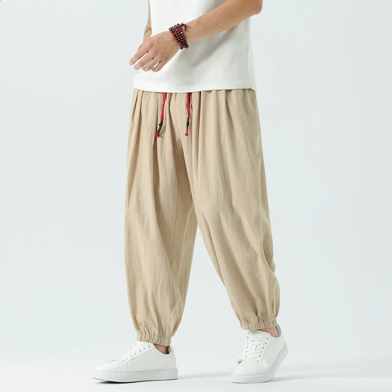 M-5XL Spring/Summer Mens 100% Cotton and Hemp Pants Loose Pull up Lantern Pants Hare Pants Japanese Casual Pants 250427