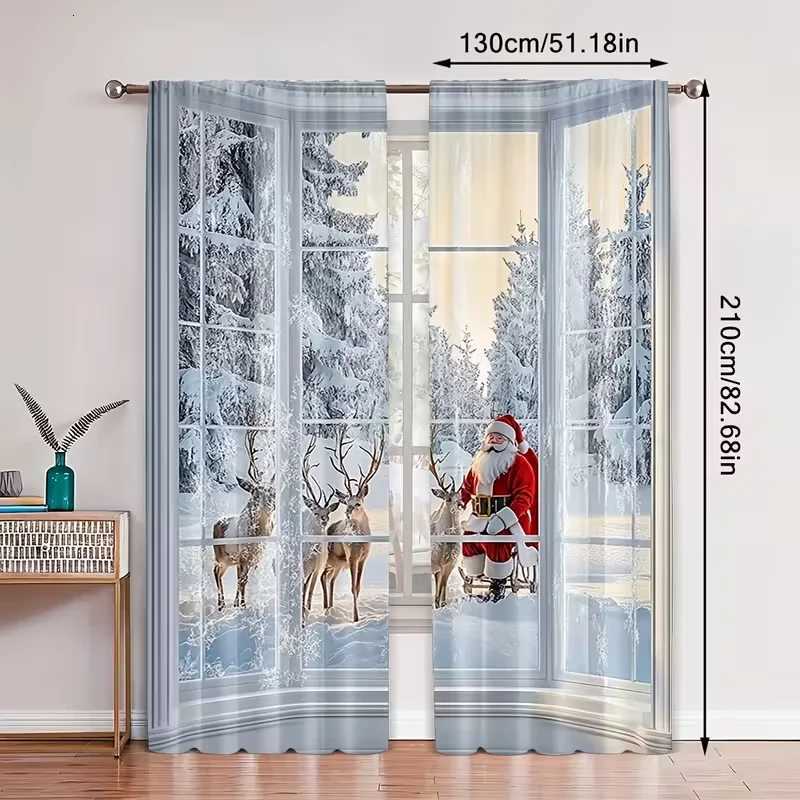 Curtain Christmas 2pcs Peaceful Santa Reindeer Pattern Curtains Serene Design Light - Filtering Polyester Curtains for Christmas Home Windows Y251126