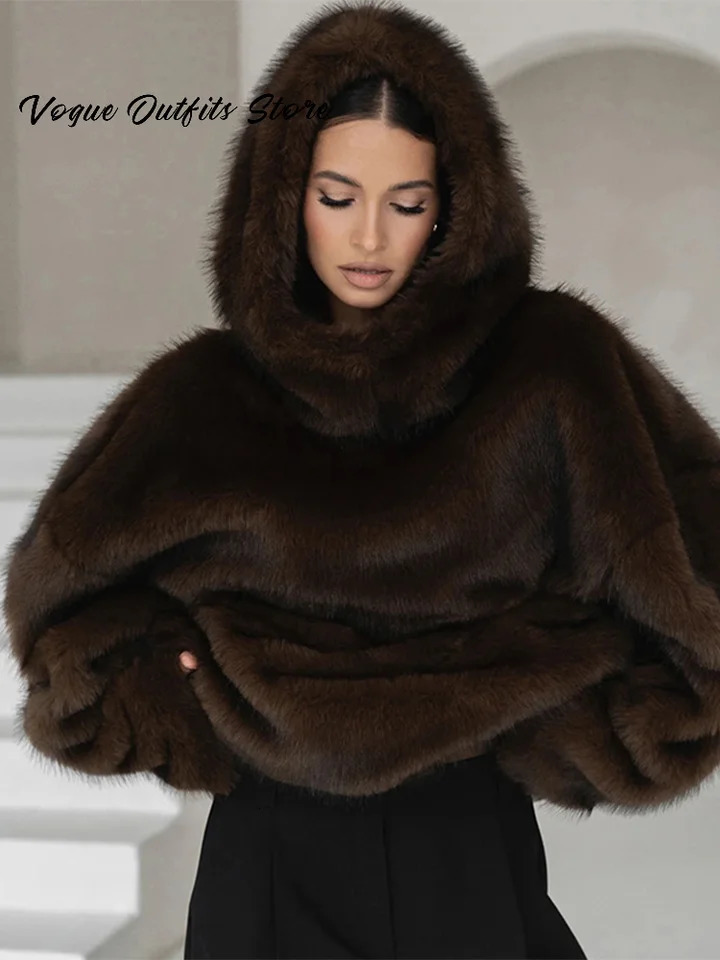 Casual Furry Faux Fur Hooded Pullover Women Full Sleeve Loose Warm Solid Coat 2025 Autumn Winter Lady Chic Street Outwear 251126