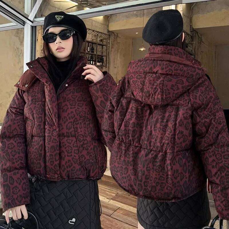 Designer Leopard Print Down Cotton-Padded Jacket Women's Parkas Winter 2025 New Warm Cotton Coat Fashion Outwear Hooded Female Overwear