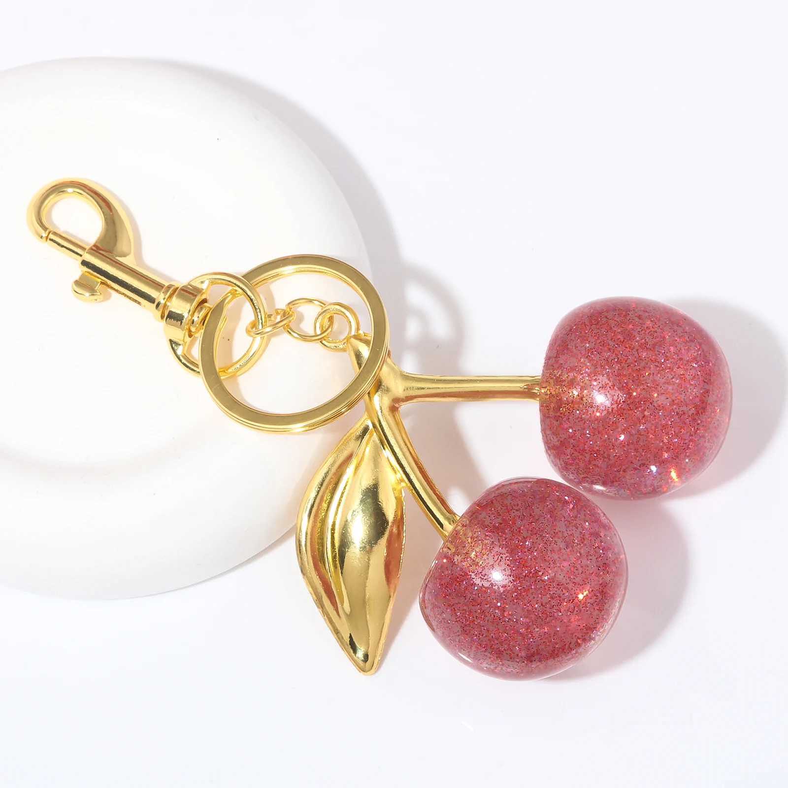 Delicious Exquisite Cherry Crystal Fruit Bag Charm Keychain Pink Cherry Keyring for Elegant Women Jewelry Accessories GiftT251127