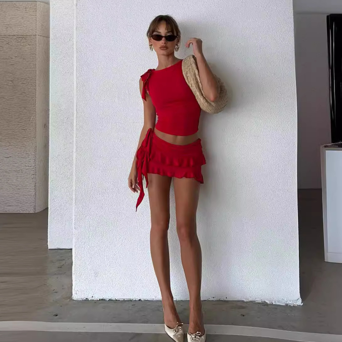 Mozision Elegant Ruffle Two Piece Set Women O Neck Short Sleeve Crop Tops And Mini Skirt Femme Fashion Party Sexy Dress Set 240808