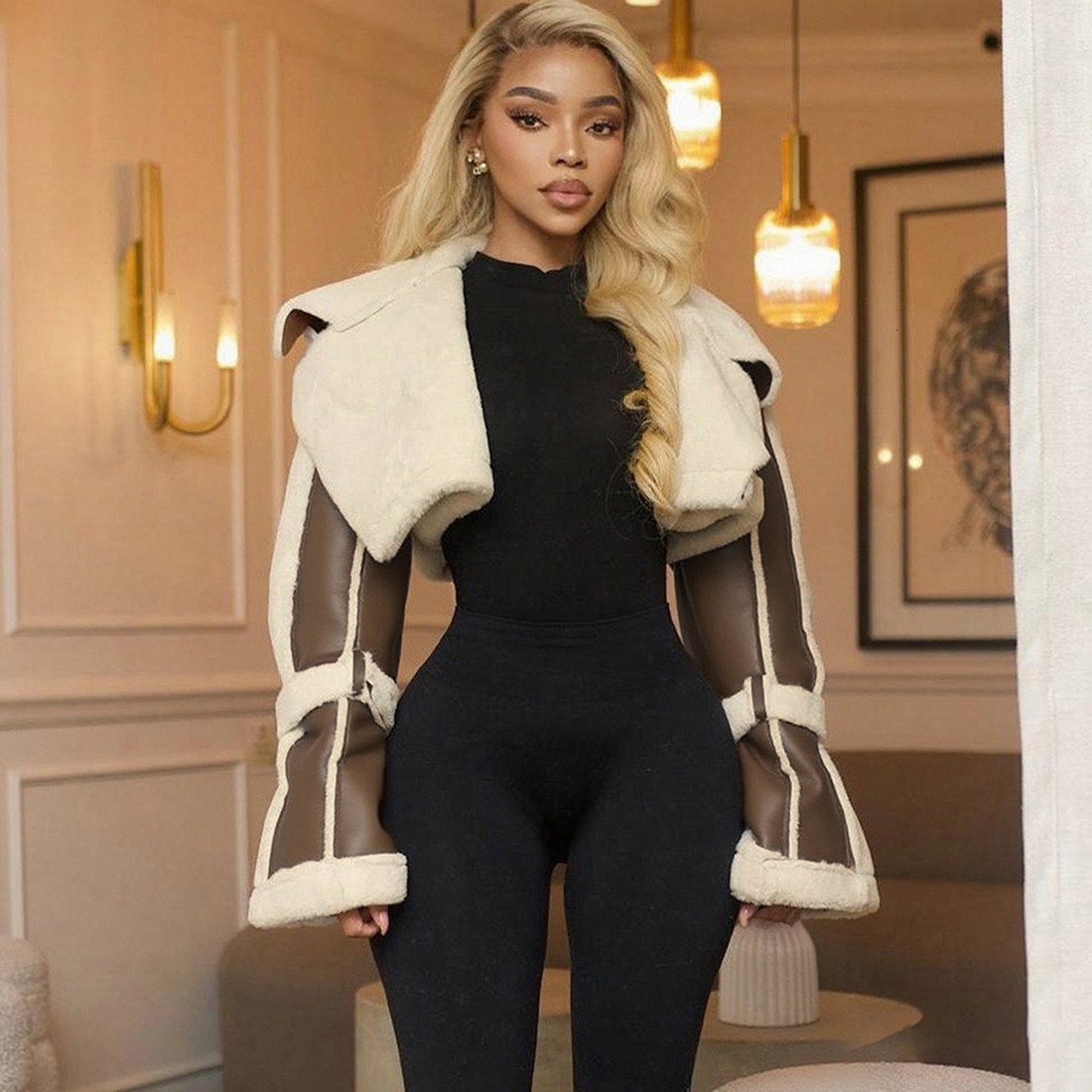 2025 Autumn New Womens Fashion Street PU Leather Patchwork Fur Collar Short Cropped Jacket