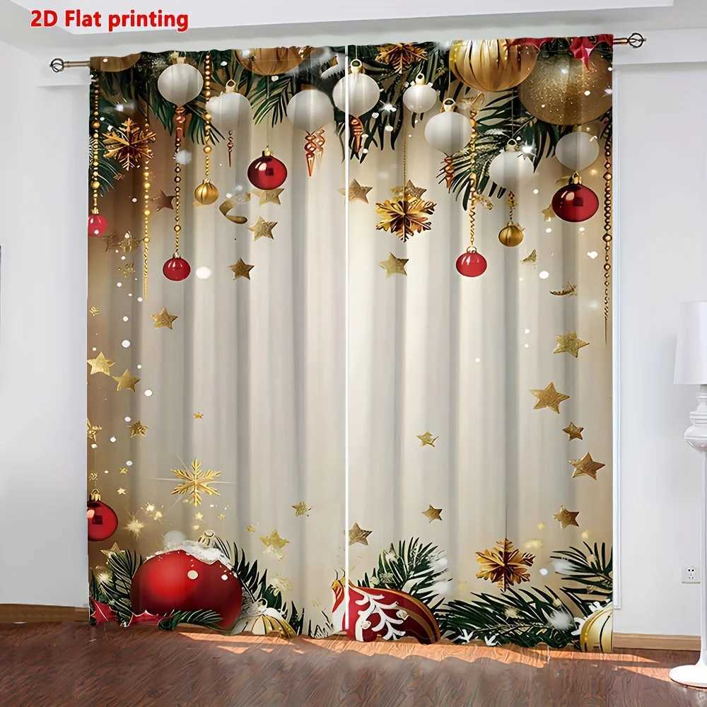 Curtain Christmas Christmas Ball Star Curtains 2pcs Golden Red Pine Leaf 2D Print Semi-Sheer Rod Pocket for Living Room Kitchen Bedroom Decor Y251126