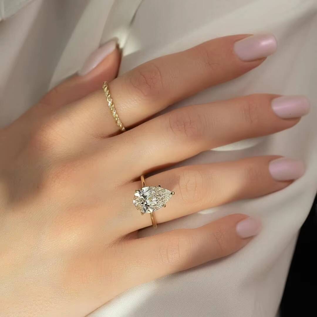 Custom 14k 18k Yellow Rose Gold Moissanite Diamond Wedding Rings 7x11mm 3ct Pear with Classic Five Claws Fine Jewelry