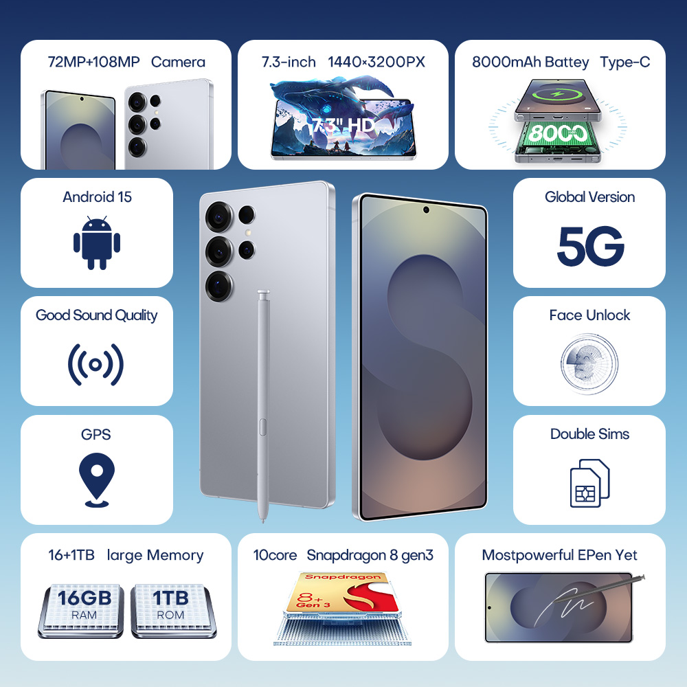 S25 Ultra Cell Phone 7.3-inch HD Screen Android 15 Phone,Quacomm 8 Gen 3 CPU,16GB+1TB Android Phone,72MP+108MP Camera Pixels, 8000mAh Battery 5G Dual 