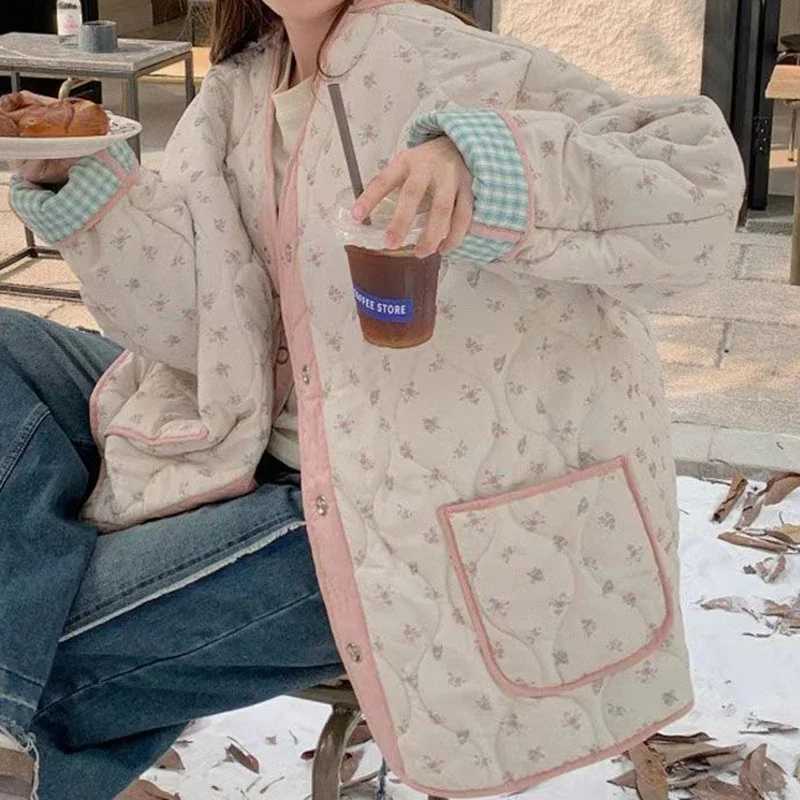 Retro floral small fresh color matching plaid cotton-padded jacket womens autumn and winter plus cotton coats on both sidesXJ251127