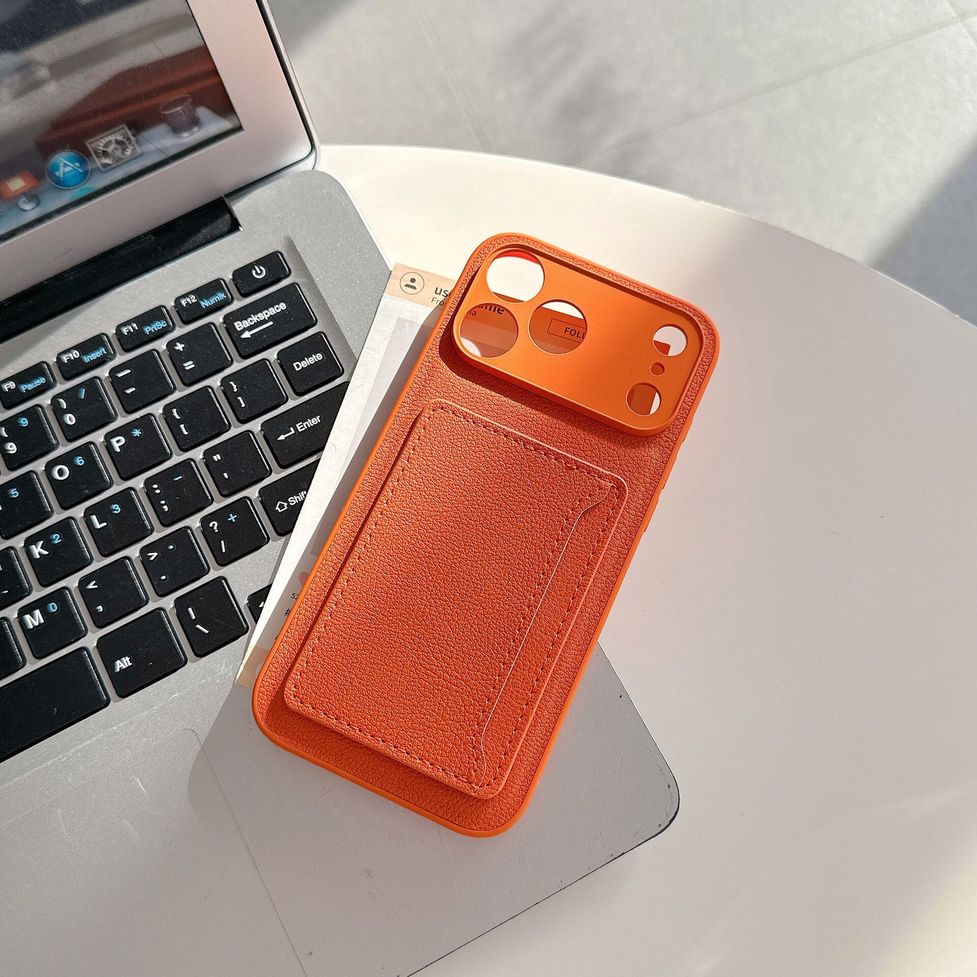 Orange Plain Leather Card Holder iPhone 17 Pro Max Phone Case Compatible with Apple 16 Pro Simple 15 Solid Color Business