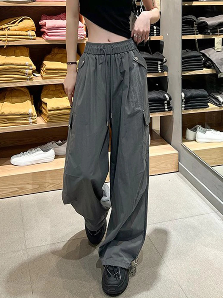 Street Clothing Parachute Cargo Pants Womens Y2K High Waist Loose Solid Pocket Wide Leg Pants 250427