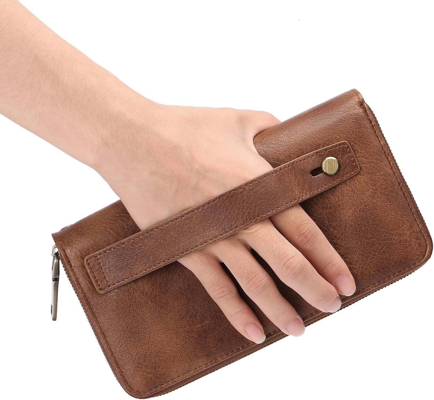 GAEKEAO Women's RFID Shielded Leather Wristband Wallet Large Capacity Credit Card Bag with Hand Strap, A01 Brown, Classic