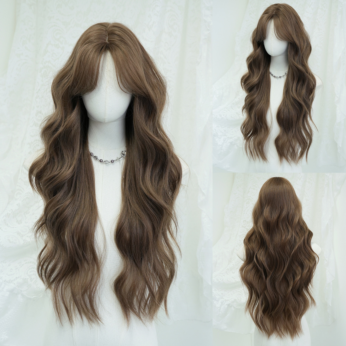 brown Warm daily wig with no trace full head cover for women round face long hair with big waves curly hair natural full top simulation hair