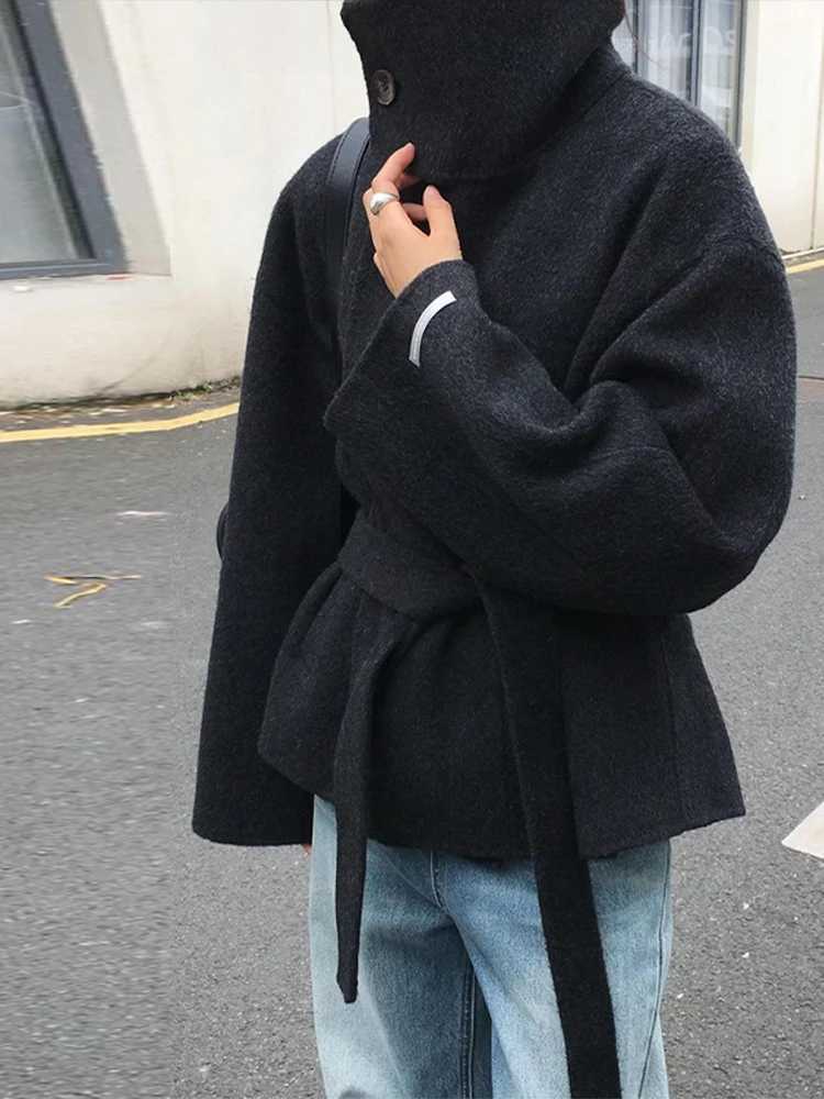 Street Womens Belt Stand Collar Woolen Coats Chic Single Breasted Full Sleeve Jacket 2025 Autumn Winter Lady Commute OutwearXJ251127