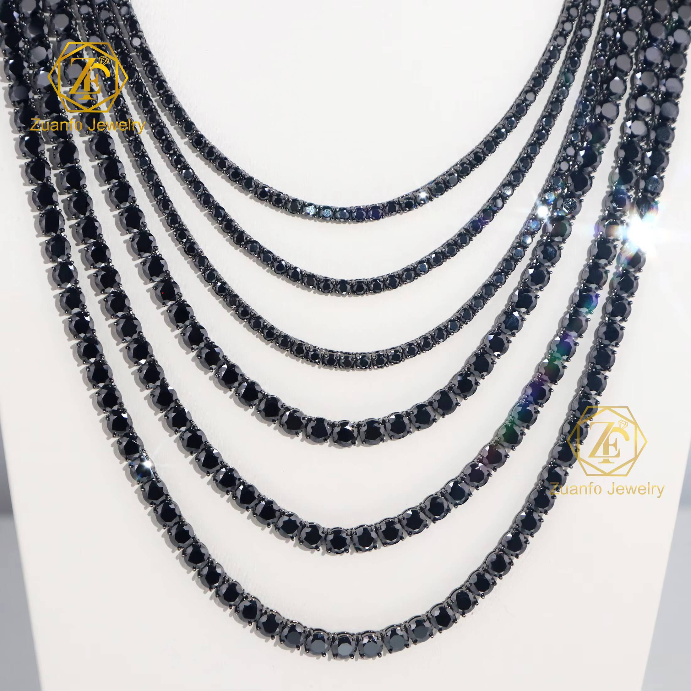 Wholesale 925 Silver Moissanite Tennis Chain Necklace in 2mm 3mm 4mm 5mm 65mm Black Color Popular Product Necklace for Men