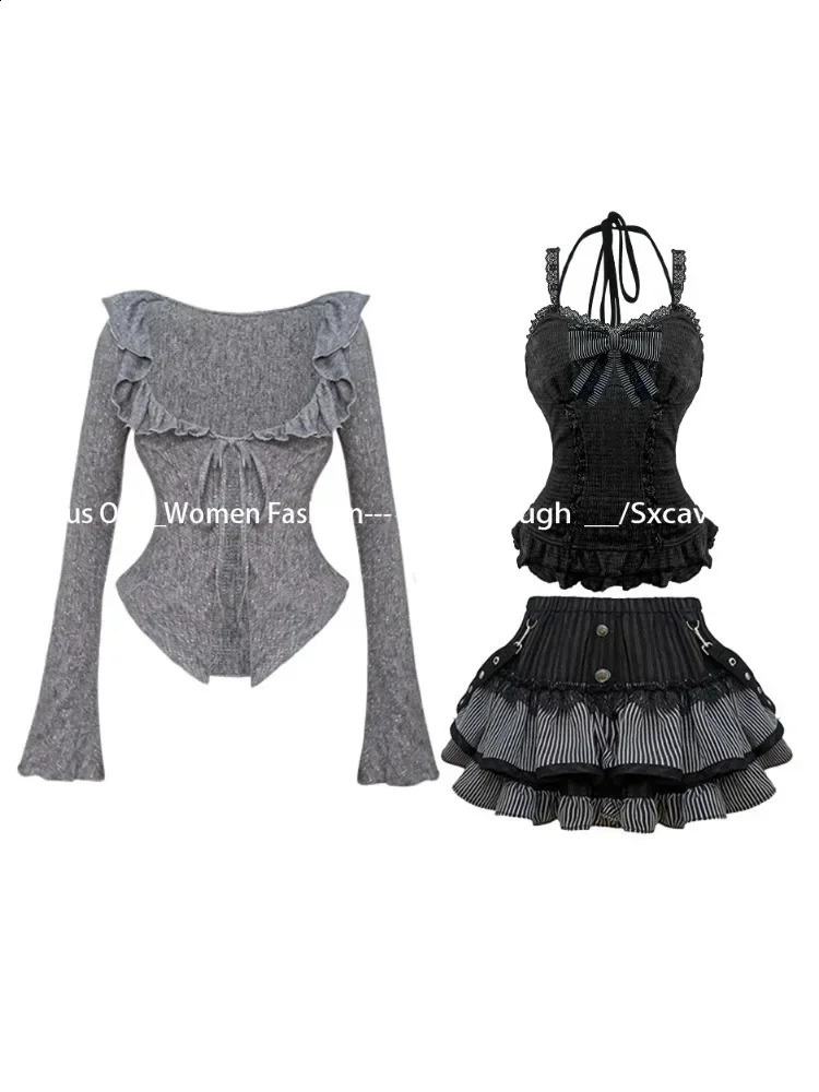 Sweet Lolita Retro Set Womens Ruffle CardiganSexy Y2k Tight Tank TopMini Skirt Autumn Korean Elegant 3-Piece Set Dress 250422