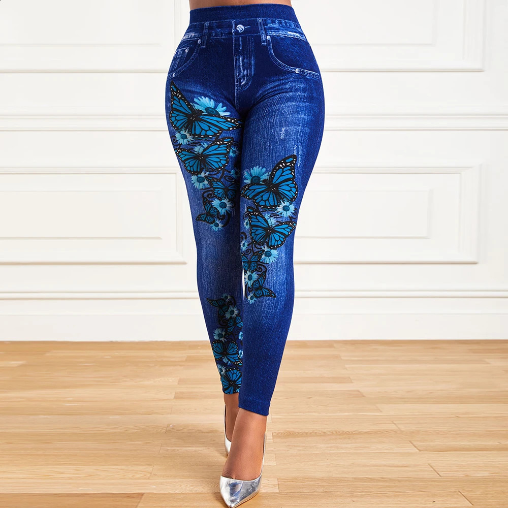 Plus size ultra-fine womens high waist elastic long leg denim appearance tight jeans womens fashionable printed pencil pants clothing250425