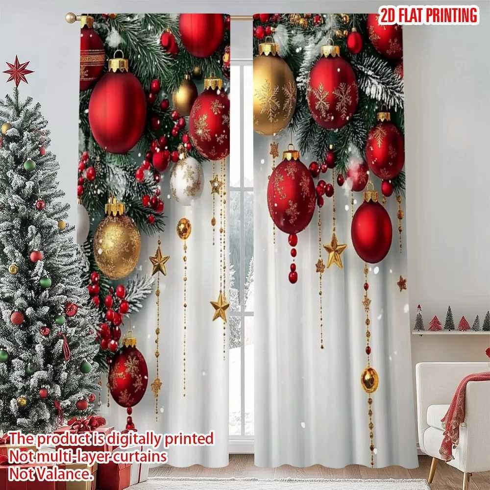 Curtain Christmas 2pcs 2D flat printing Fashionable Christmas Curtains Red and Gold Ball Pine Branch Snowflake Digital Printed Polyester Drapes Y25112