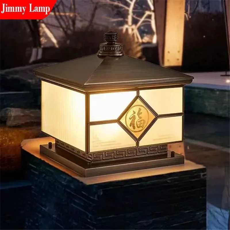 Vintage Outdoor Electric Column Lamp Retro Chinese Brass Column Light LED Waterproof IP65 Villa Courtyard Wall FixtureM251127