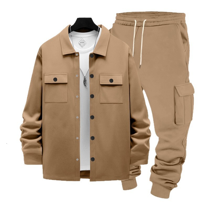 Foreign Trade Cross-Border Winter American Style Heavy Loose Fleece-Lined Men's Outdoor Workwear Sweatpants Warm Jacket Two-Piece Set