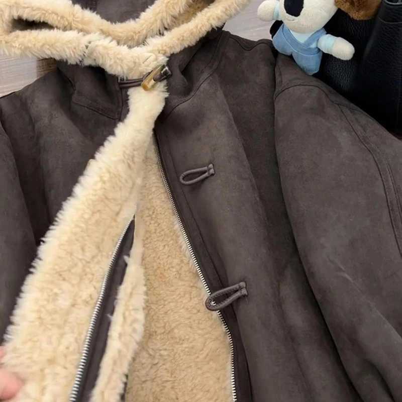 Women Vintage Hooded Jacket Winter Thick Warm Fur Collar Patchwork Casual Coats Solid Retro Loose Zipper Buttons Female OutwearXJ251127