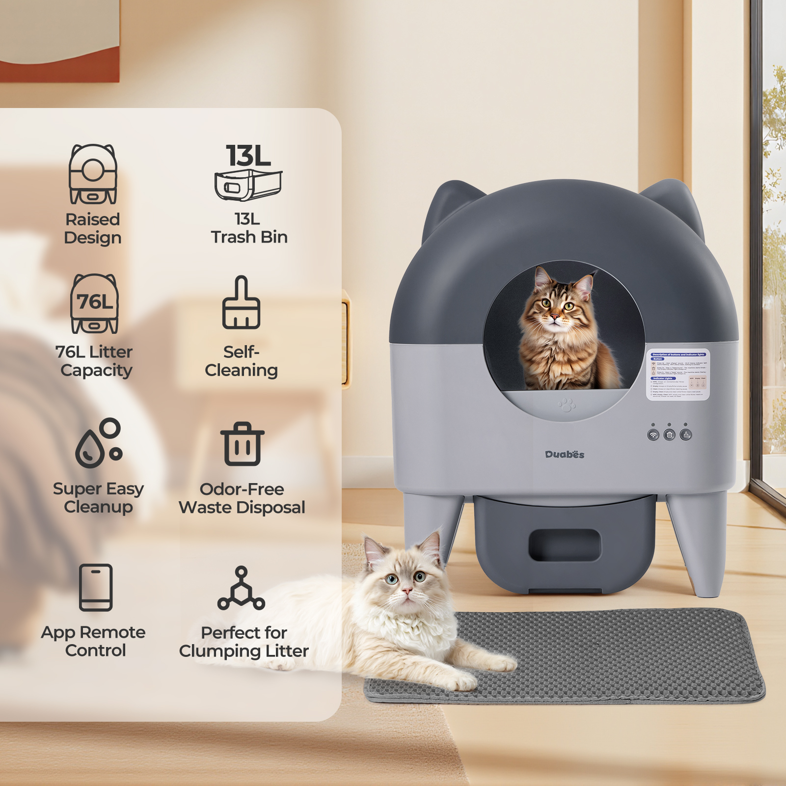 Self Cleaning Cat Litter Box: Extra Large Automatic Litter Box for Multiple Cats, Odor-Free, App-Controlled, Ambient Light Waste Disposal