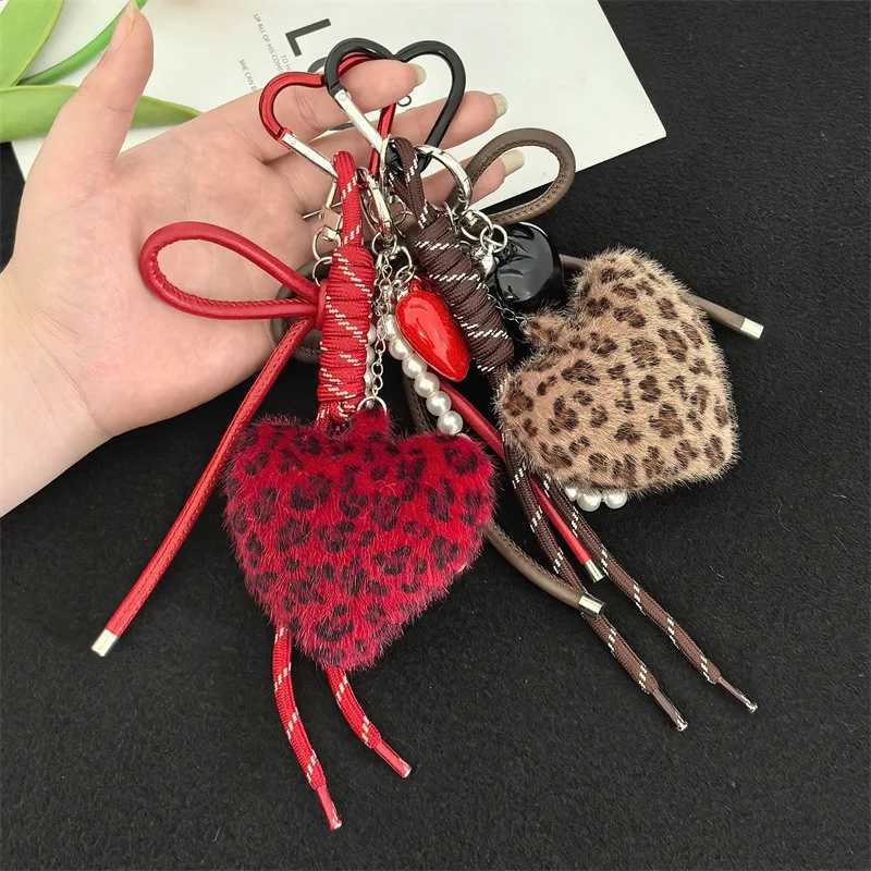 New leopard print plush love bag pendant with high-end feel woven rope furry ball keychain pendant small giftT251127