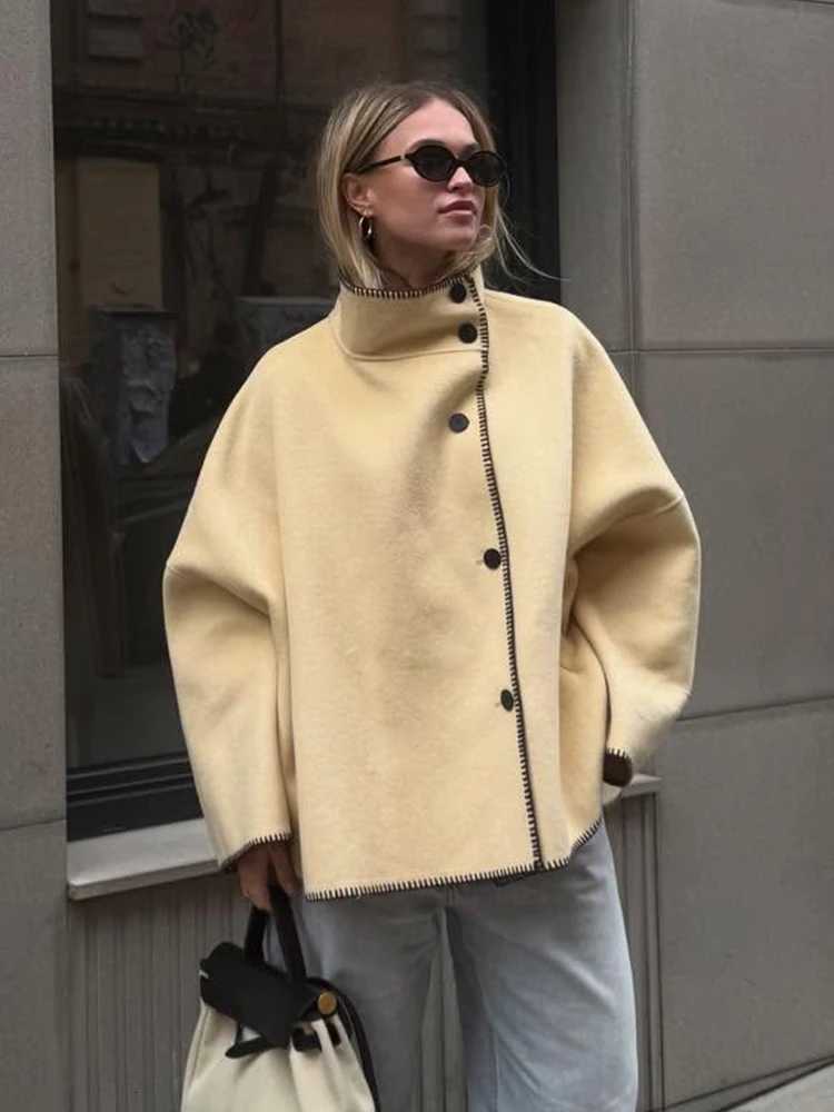 HH Women Autumn Turtleneck Long Sleeve Jacket Fashion Loose Jackets Long Sleeves Single-Breasted Solid Coat Female Casual JacketXJ251127