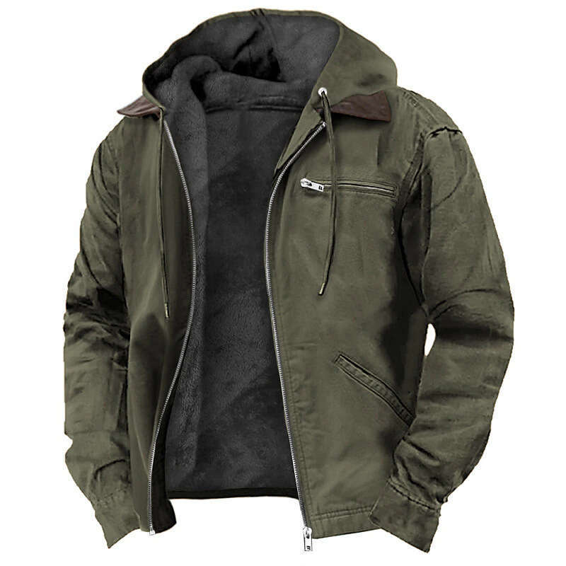 European and American Cross-Border E-commerce Exclusive Solid Color Hooded Cotton Casual Men's Fleece-Lined Zipper Pocket Jacket Coat - view 4