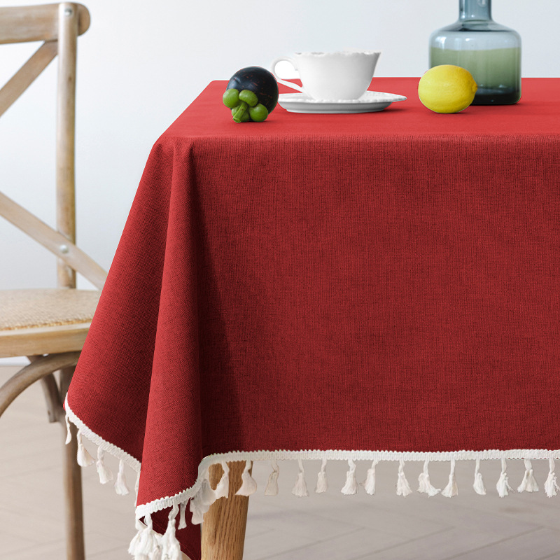 T0430 waterproof and oil-proof tablecloth cotton and linen tassel tablecloth high-grade wash-free solid color restaurant coffee table tablecloth