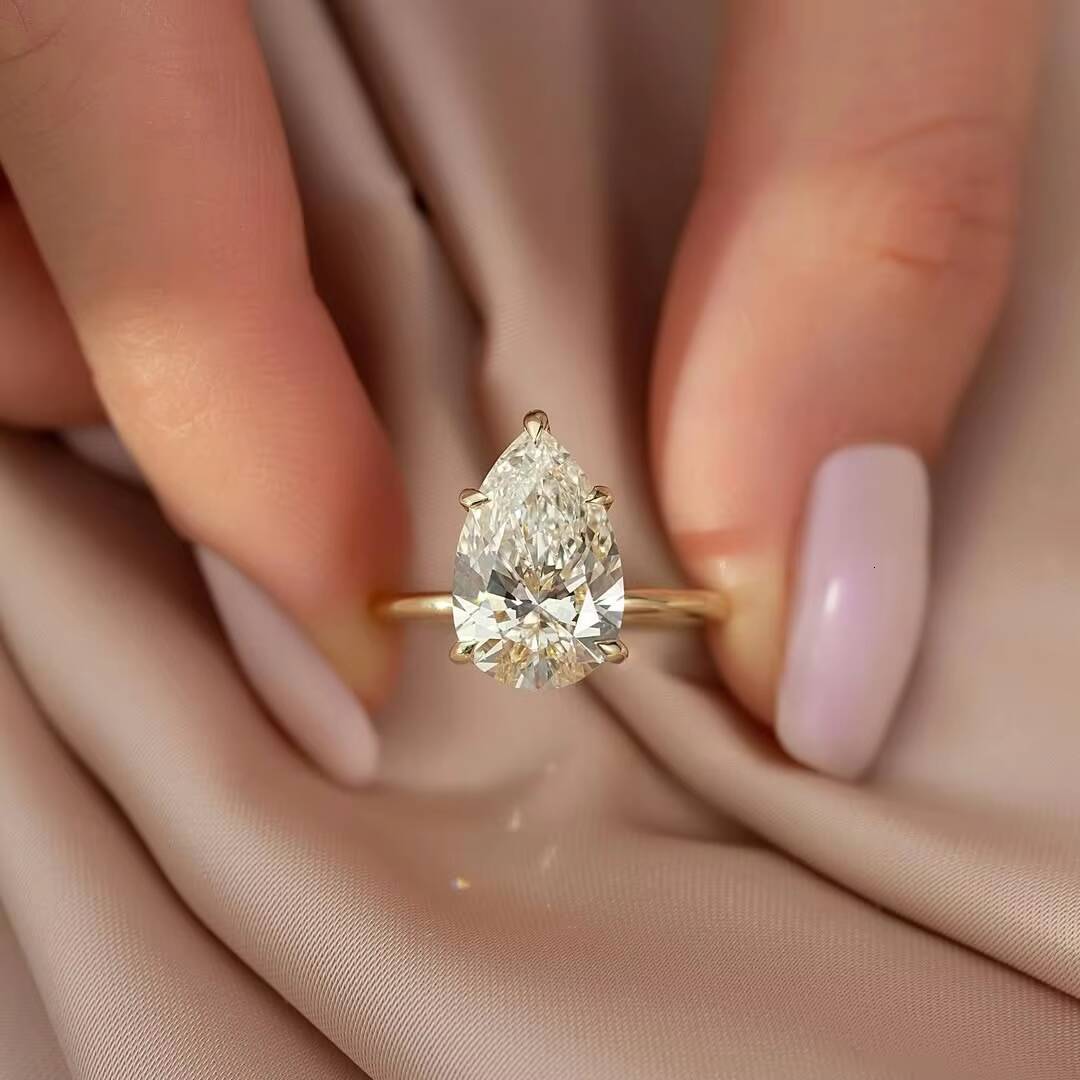 Custom 14k 18k Yellow Rose Gold Moissanite Diamond Wedding Rings 7x11mm 3ct Pear with Classic Five Claws Fine Jewelry