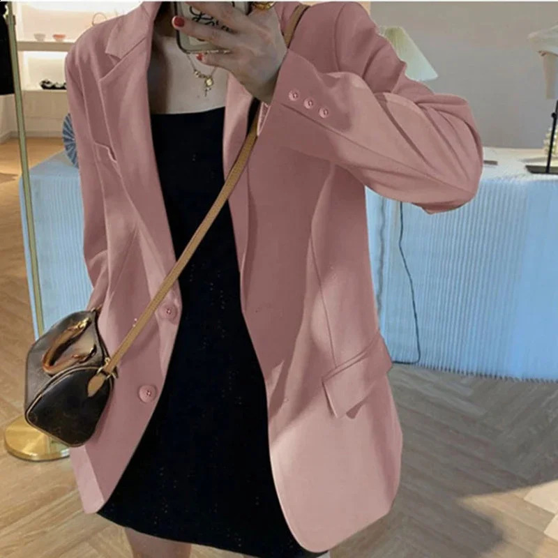 Womens suit jacket autumn Korean version loose pink jacket womens customized collar casual solid womens jacket 250427