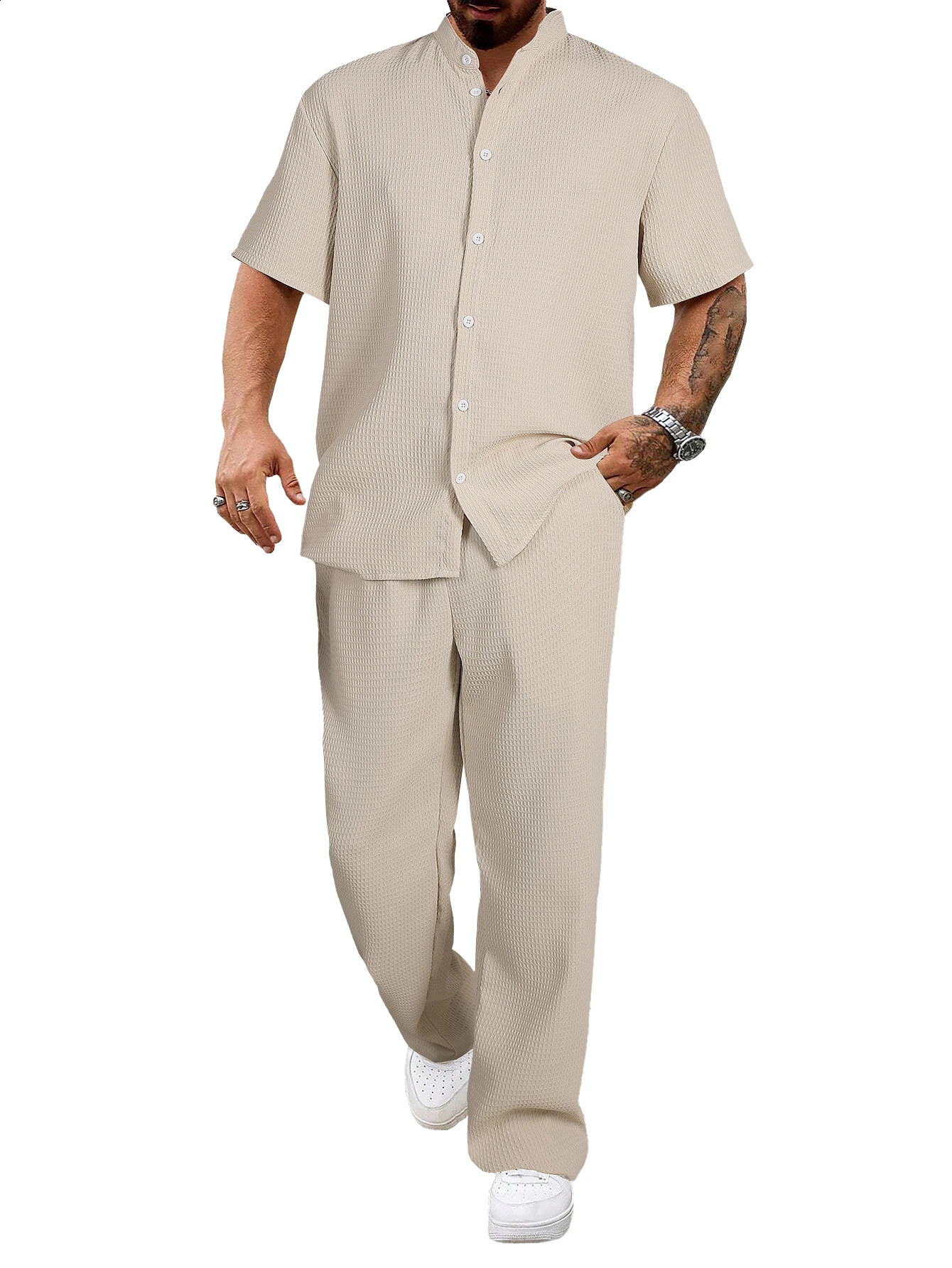 Leisure 2-piece spring/summer mesh fabric short sleeved drawstring pants set 250427