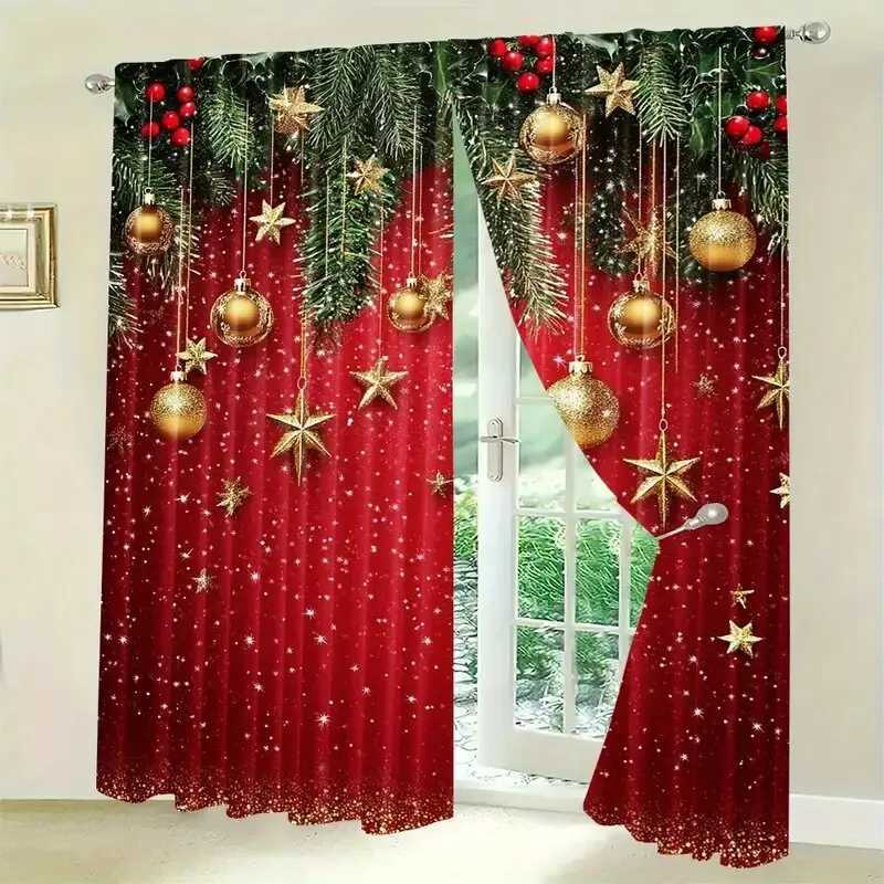 Curtain Christmas 2pcs - Christmas curtains festive red Christmas polyester printed curtains home decoration room decoration Y251126