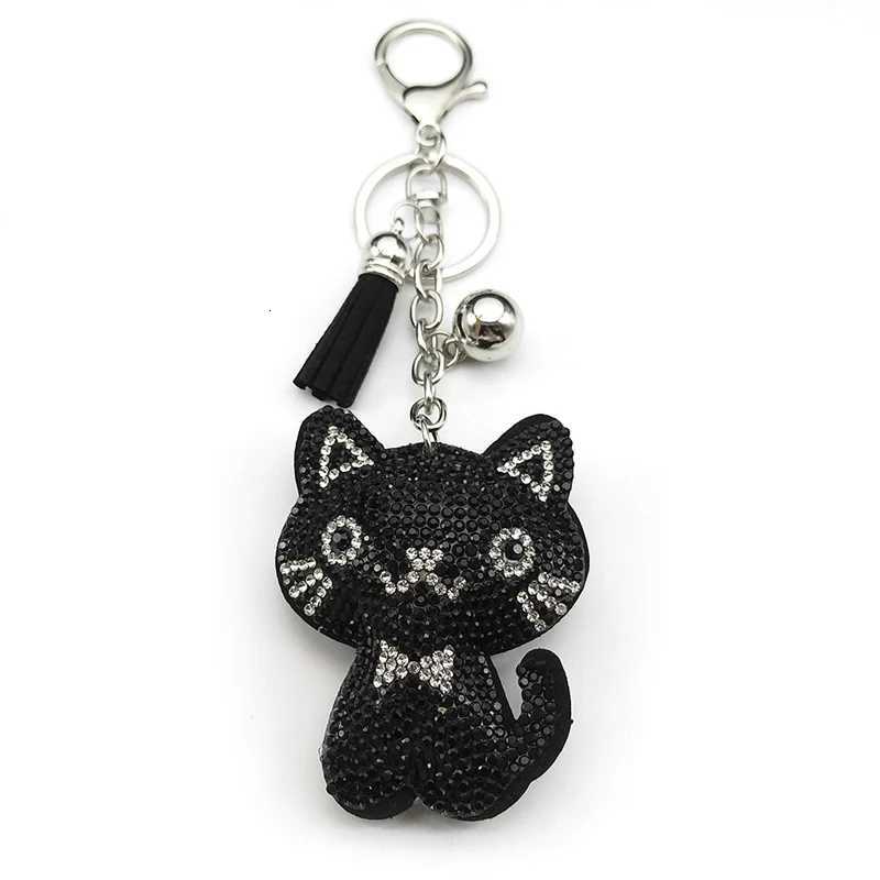 Black Cute Kitty Bowknot Keychain For Women Men Rhinestone Tassel Female Bag Decoration Cat Animal Keyring Jewelry GiftsT251127