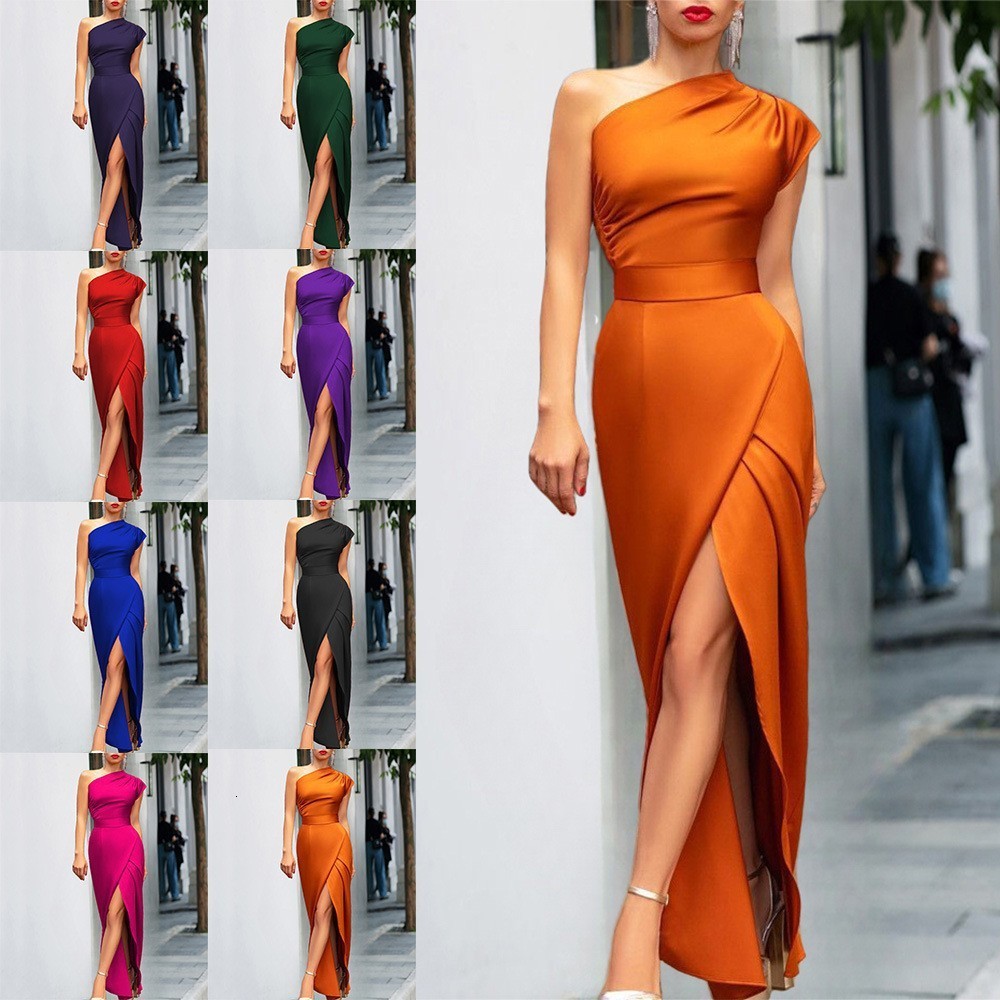2025 Womens Fashion One-Shoulder High-Waist Front Slit Elegant Dress Gown 250819