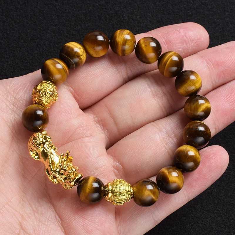 Pi Xiu Tiger Eye Stone Beads Feng Shui Yellow Power Stone Women Men Elastic Jewelry Gold Color Pixiu Good Luck C251105