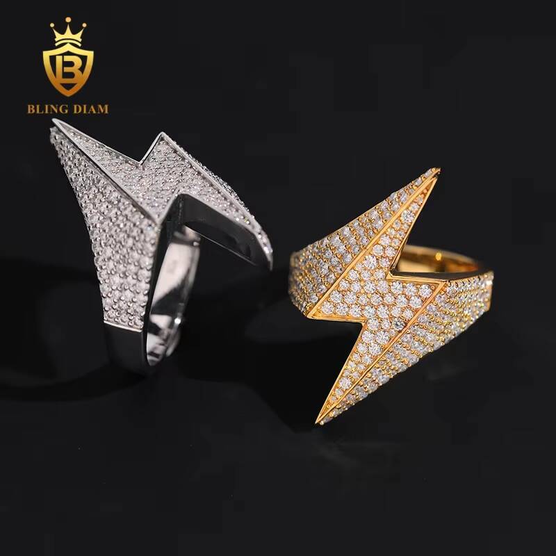 New Style High Quality Hip Hop Jewelry 925 Sterling Silver Lightning Iced Out Ring Men Diamond Moissanite Ring