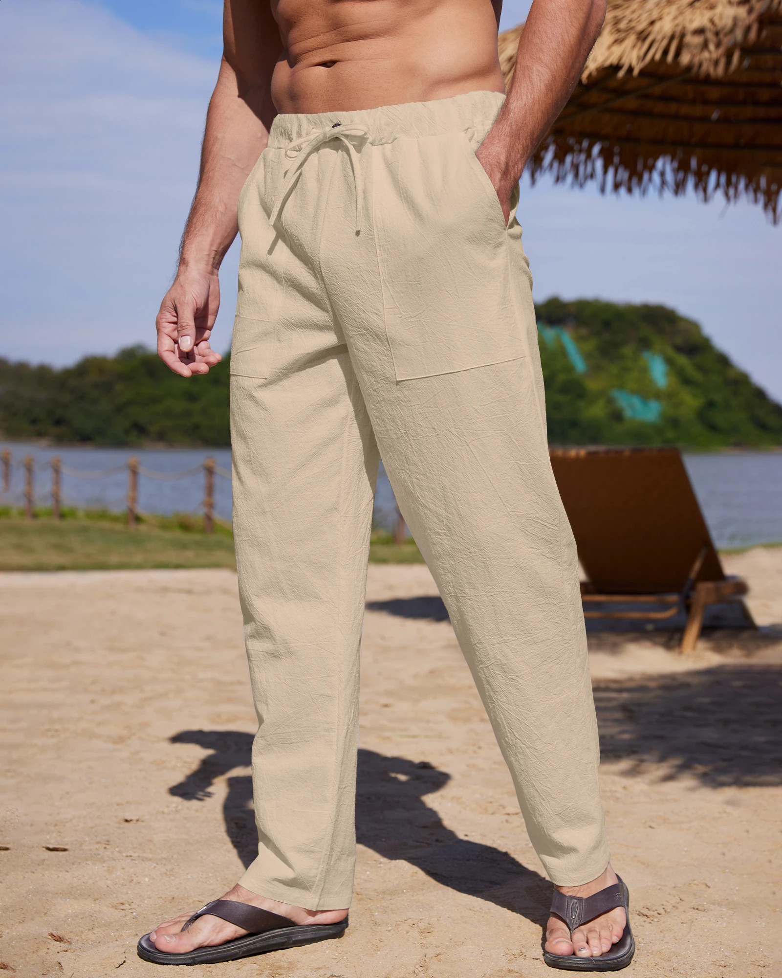 Mens summer cotton breathable loose casual simple solid color brushed straight leg leggings with pockets 250427